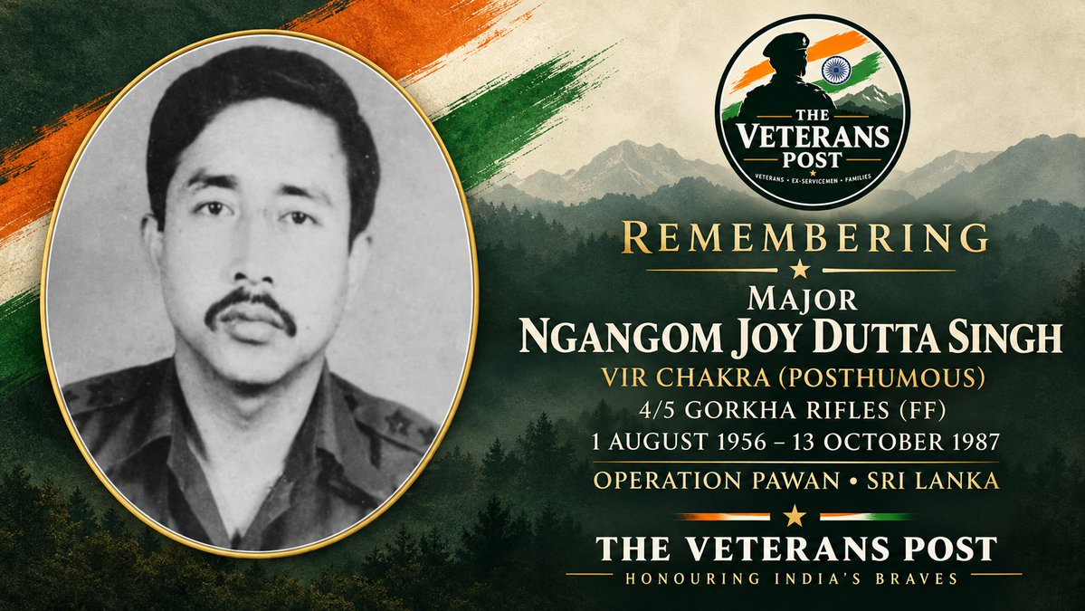 TheVeteransPost's tweet photo. 39 years on, we remember Maj Ngangom Joy Dutta Singh, Vir Chakra (Posthumous), of 4/5 Gorkha Rifles (FF), who made the supreme sacrifice covering the extrication of troops in Jaffna on 13 October 1987.
#VirChakra #OpPawan #TheVeteransPost https://t.co/glKHlTJwXD