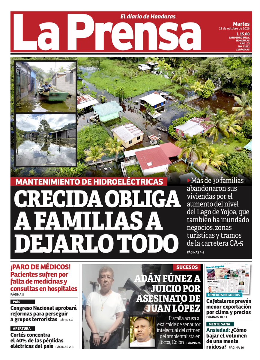 DiarioLaPrensa's tweet photo. #LAPRENSA | ☀️¡Buenos días, lectores! Les compartimos nuestra portada de la edición impresa de este martes 13 de octubre de 2026. 📰
🔗 Dale clic a https://t.co/9DRp5M4fUu para navegar de forma ilimitada en https://t.co/mIjexPHKKJ
#ElDiarioDeHonduras 🗞️ https://t.co/OzCsvLNN6r