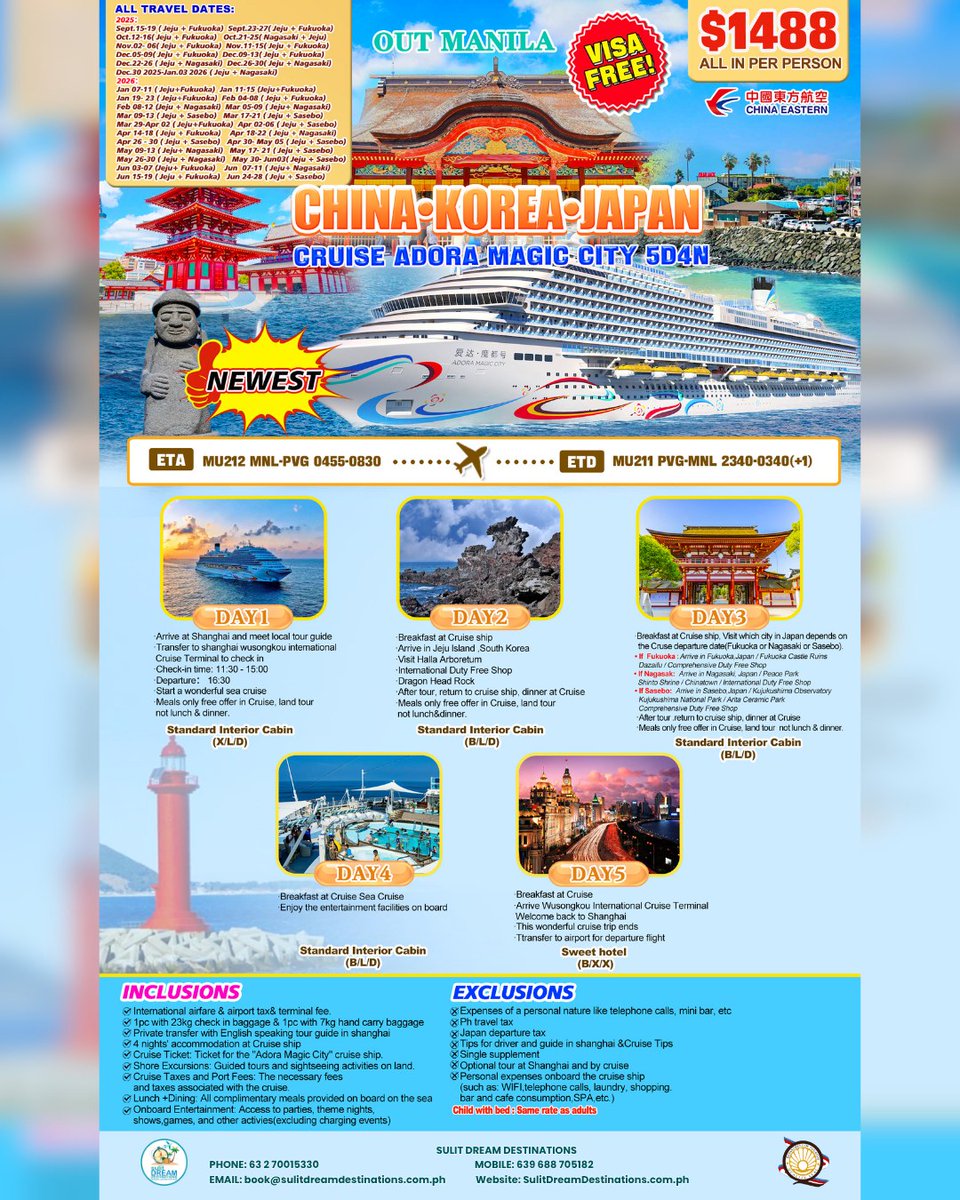 goodiiekk's tweet photo. Sail across China, Korea, and Japan on the 5D4N Adora Magic City Cruise from Manila. Visa-free, all-in from $1, 488 per person. Includes airfare, cruise, meals, tours, and transfers. Travel dates: Sept 2026–Dec 2027. https://t.co/0FvdCUuO1T