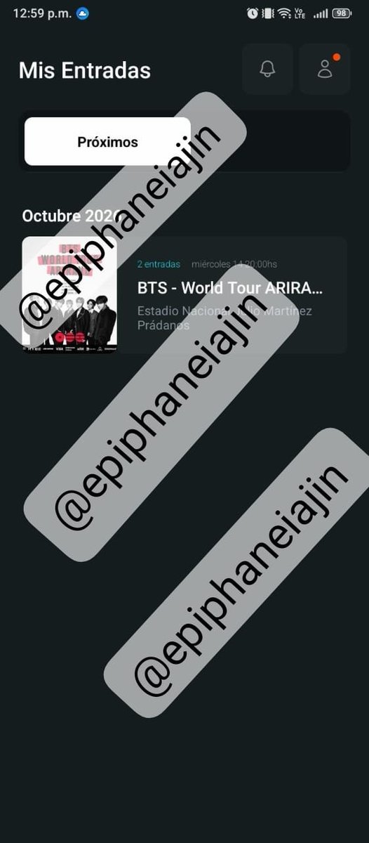 epiphaneiajin's tweet photo. Vendo mis entradas para BTS en Chile🇨🇱

Fecha: 14/10
 
Precio: $ 119.997 

Puedo hacer videollamada o con intermediario a la hora de tranferir 

Una esta Nominada pero se puede renominar y la otra No esta nominada 

#BTSCHILE #BTSboletos #armychile https://t.co/7xadeRLgAI