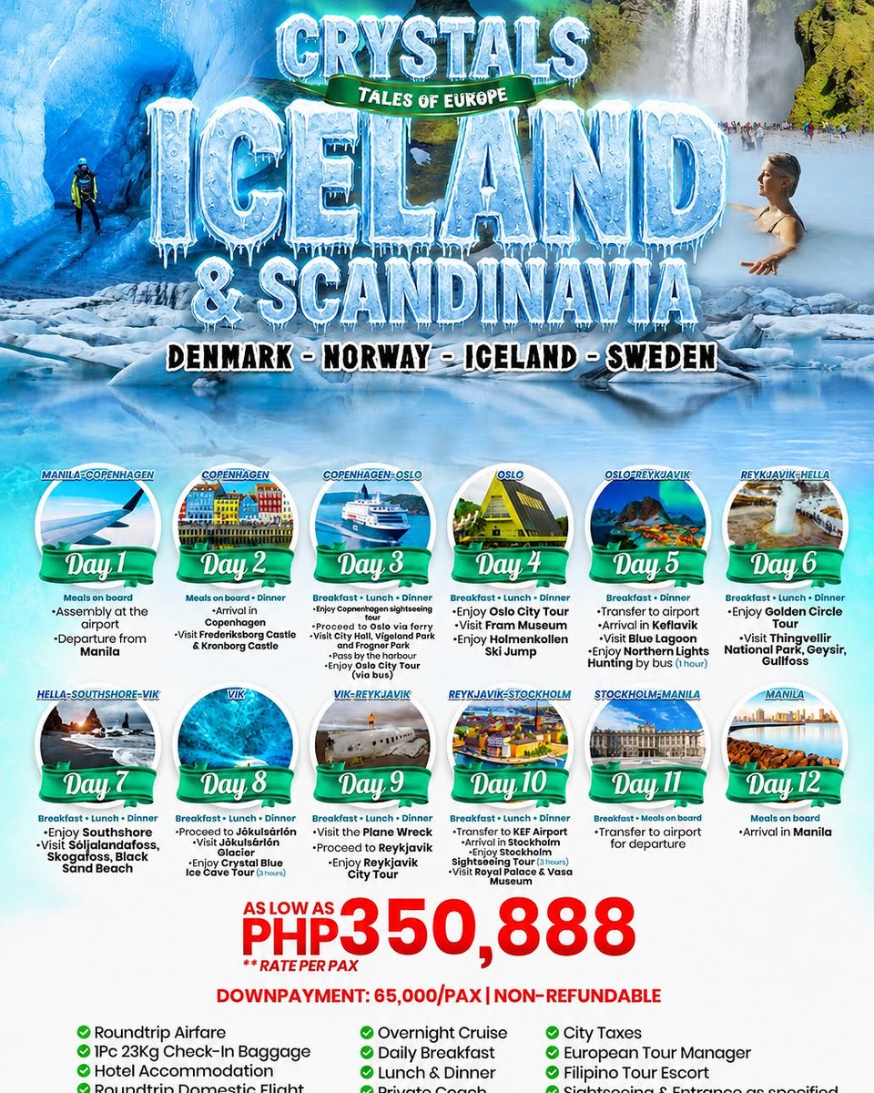 PLANET_R_PIXEL's tweet photo. CRYSTALS: ICELAND &amp; SCANDINAVIA

Denmark, Norway, Iceland &amp; Sweden
March 22–April 2, 2027

Rate: 350, 888/Pax
DP: 65, 000/Pax

Includes airfare, hotels, cruise, meals, tours, transfers, and tour escorts. International taxes, visa, insurance, https://t.co/EySQhZf9LT