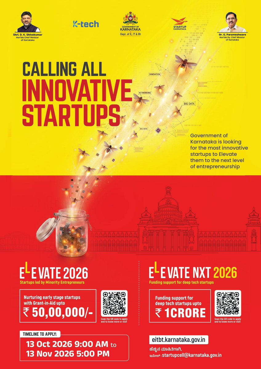 PriyankKharge's tweet photo. Calling Karnataka’s entrepreneurs and deeptech builders. Applications now open for ELEVATE Minorities 2026 and ELEVATE NxT 2026–27.

Through ELEVATE Minorities, eligible startups led by minority entrepreneurs can access grants of up to ₹50 lakh, along with incubation and mentoring support.

ELEVATE NxT will support DeepTech startups with grants of up to ₹1 crore, helping promising ventures move from research and technology development towards commercialisation and scale.

Over the last decade, across its various calls, the ELEVATE programme has supported more than 1,300 startups through grants and seed funding, helping founders across sectors turn ideas into products

Applications for both programmes open on 13 October and close on 13 November 2026.

Karnataka’s startup ecosystem grows stronger when more founders get the opportunity, capital and support to build ambitious companies here.

Apply now: https://t.co/QTeAxJJqIN