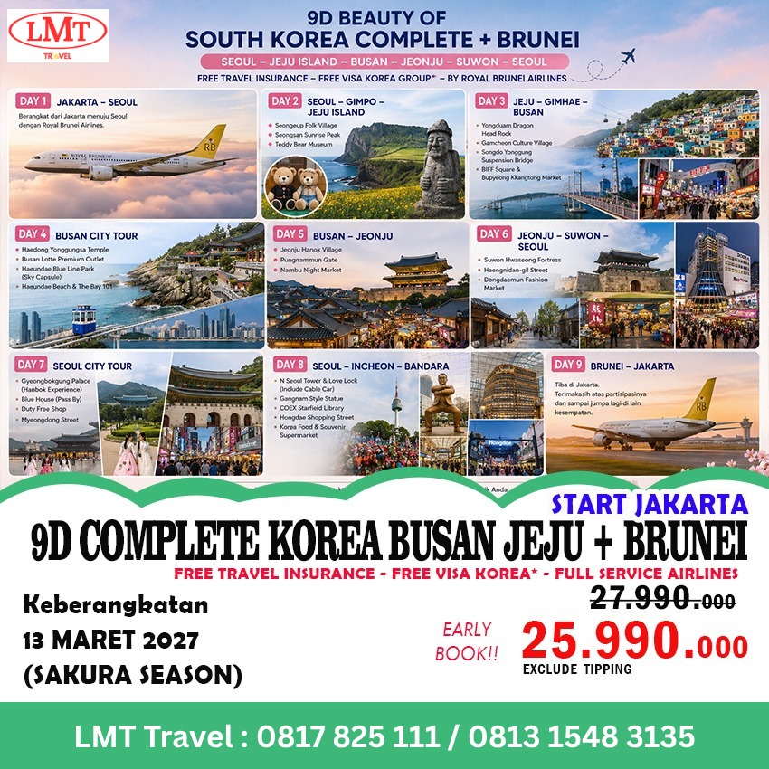 s9578_s's tweet photo. 9D Korea: Busan, Jeju, Brunei. Berangkat 13 Maret 2027 saat Sakura Season. Royal Brunei Airlines, visa Korea dan asuransi gratis. Early bird Rp25. 990. 000/pax. Seat terbatas. https://t.co/DKhwT0V9fm