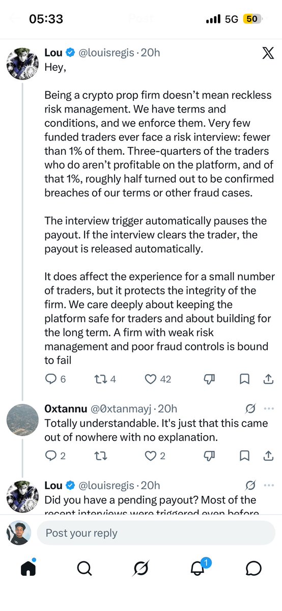 JadeJMA1's tweet photo. Gm . So yesterday I was shocked to find out that @ProprXYZ has started doing some risk interviews , which I know many of us are very worried about, especially since we felt like the perps space was supposed to take away the trauma’s of the cfd space. 

But digging into it a bit more , I got to find that this risk interview has nothing to do about the trader’s trading activity, but related to possible fraud. Traders need to understand the seriousness of kyc fraud, creating multiple accounts under different names , emails etc. with prop firms to maximise gains. It’s illegal and goes against the terms and conditions of the prop firm. 

The moment @louisregis replied to the post, the trader immediately got to admitting that it was his fault and that he did something he shouldn’t have. 

Traders who do wrong and prone to come online first thing to slander firms or to build narratives so that the people on social can be on their side before anything comes out. 

Wishing the trader all the best and hope they get this resolved and I wish Propr all the best in dealing with cheaters.
