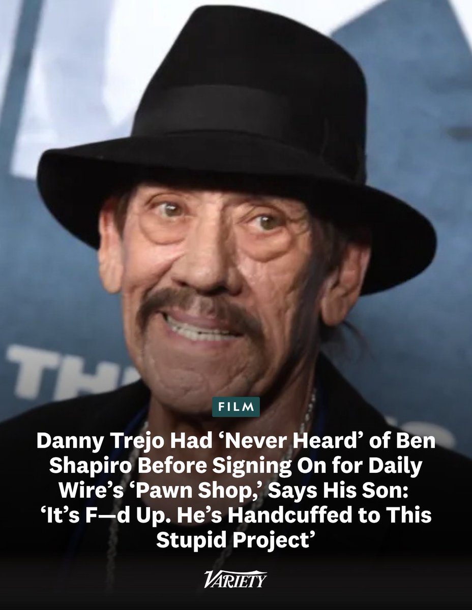 Variety's tweet photo. Danny Trejo had "never heard" of Ben Shapiro before signing on to star in his production company's pro-ICE film "Pawn Shop," says the actor's son: 

"My 82 year old dad has never heard of Ben Shapiro, I had to explain to him who that is, and what kind of guy he is. My dad contractually can’t badmouth him, the film, or walk away without being sued for breach of contract. He couldn’t even release the statement he wanted to."

https://t.co/hJyVJ7J1gH