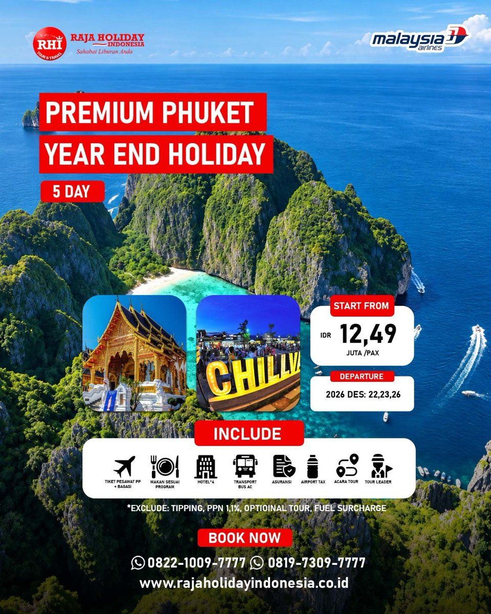 ferockvp's tweet photo. Liburan tahun baru di Phuket selama 5 hari! Nikmati pantai cantik, suasana seru, dan pengalaman tak terlupakan. Mulai 12, 49 JT/pax. Keberangkatan 22, 23, dan 26 Desember 2026. Termasuk tiket, hotel, makan, transport, asuransi, tur, dan tour leader. https://t.co/S3cRcpeqhO