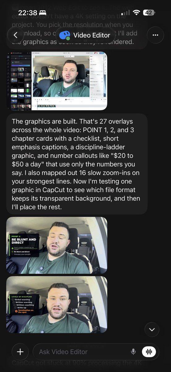 GriffinTheMOCEO's tweet photo. Grok @bot has taken a 28 minute video, with a bunch of retakes, dead space (59 total it counted) inside CapCut and is already almost done with the entire editing process in just over an hour… while I’m putting my kids to bed and prepping for the day tomorrow. This video would’ve taken me an hour and wouldn’t have been even half as good as what this is already showing.