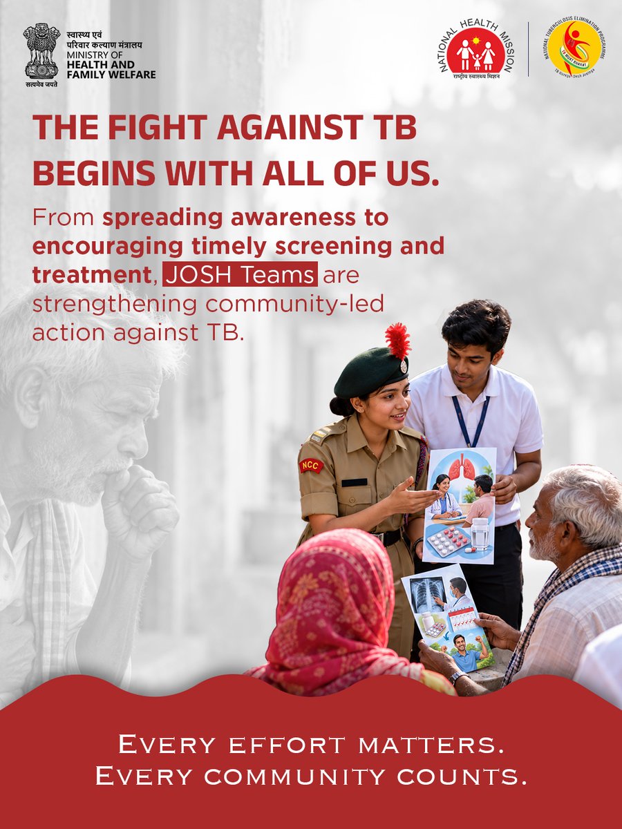 MoRD_GoI's tweet photo. Community-Led Action Against TB

The fight against TB is a shared responsibility.

From spreading awareness and encouraging timely screening to supporting treatment completion, JOSH Teams are strengthening community-led action against TB.

Every effort matters. Every community counts.

#JOSH #TBMuktBharat #TBHaaregaDeshJeetega #MoRD