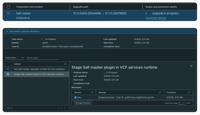 scandaletti's tweet photo. Upgrading VCF Salt Master to 9.1.1 Step by Step | A step-by-step walkthrough of upgrading the VCF Salt Master from 9.1.0.0400 to 9.1.1 through VCF Operations, including backups, prechecks, workflow monitoring, and version verification. – #vExpert Cosmin... https://t.co/08Tgnwyw2x https://t.co/HZBjgTAKxQ