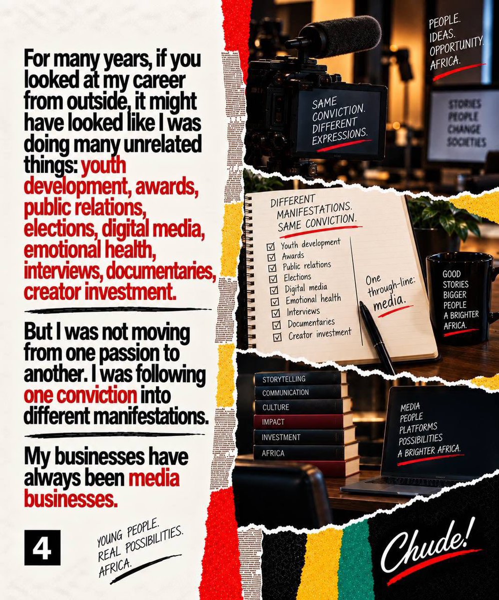 Chude's tweet photo. In 2010, a mentor told me, “Chude, piss for one place, so that e go foam.”

I’ve only ever worked in media. Today, I’ve built one of Africa’s largest privately-owned media conglomerates.

Full speech: https://t.co/xo1cGnNWe5

#MadeForAfrica https://t.co/JZ5QXO4xAS