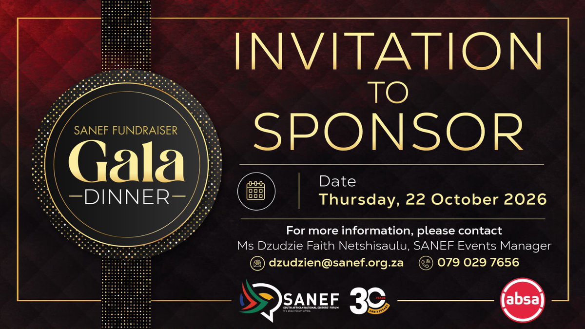 SAEditorsForum's tweet photo. Partner with SANEF. Champion media freedom.

We invite sponsors to support our upcoming fundraiser and help strengthen independent journalism in South Africa.

Together, we can make a difference.

#SANEFFUNDRAISER #SANEF30 #MEDIAFREEDOM https://t.co/mlSCv7PbMC