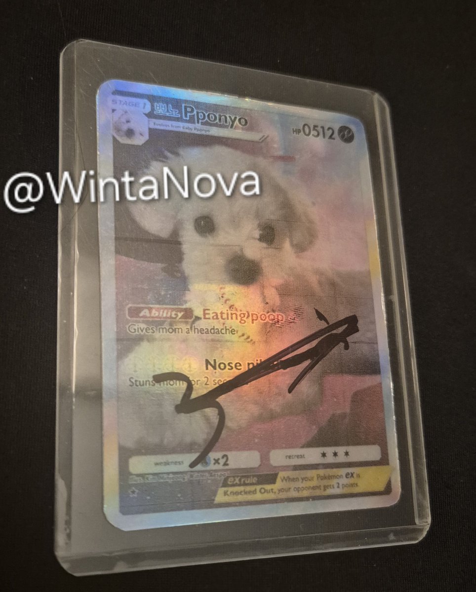 WintaNova's tweet photo. I made Pponyo pokemon cards and got Winter to sign one for me! I also gave one to her to keep🥰 

When she saw it she cracked a smile and giggled I'm literally a puddle on the floor rn I love her so much 🥹 She's so shy so I was speaking softly 🥺 https://t.co/athfqtmblj