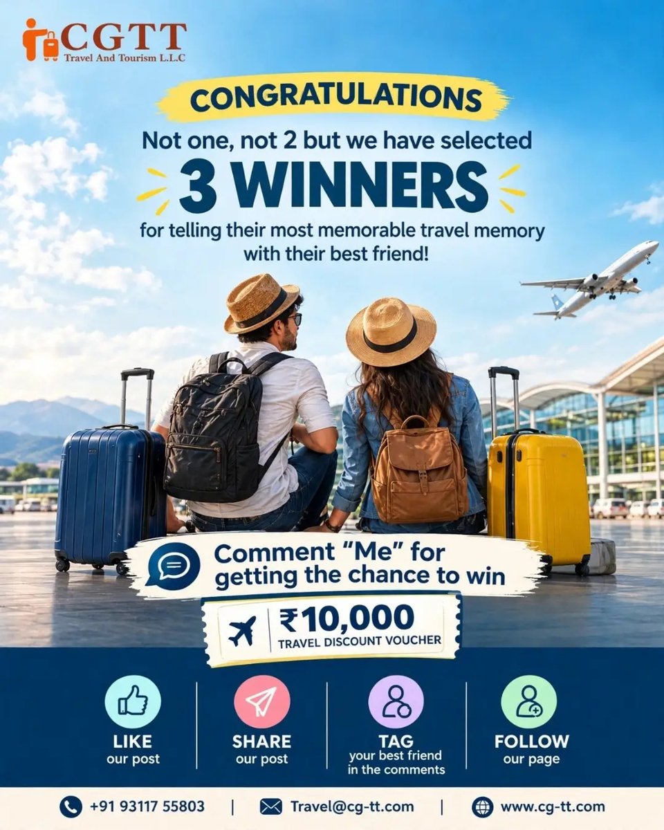 nate3131's tweet photo. Three winners. Three unforgettable travel memories. One big celebration. Think you’re next? Comment “ME” for a chance to win a ₹10, 000 travel discount voucher. Like, share, tag your travel buddy, and follow us. https://t.co/gDSjIakrq5