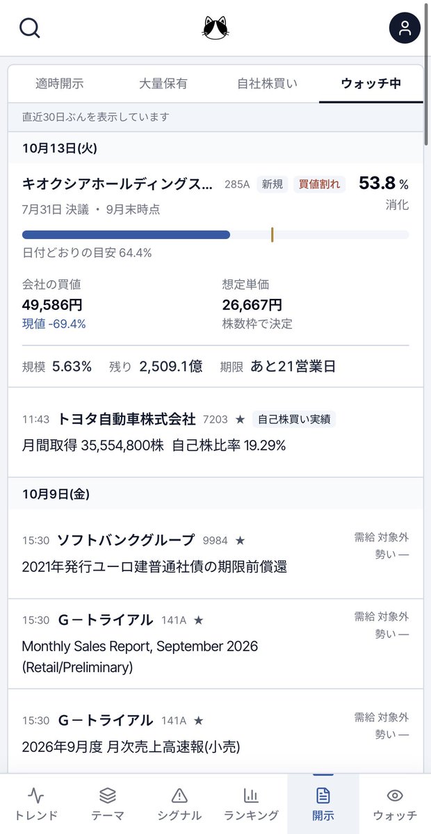 kabutrend_jp's tweet photo. 📣大型アップデート📣

新機能「開示」タブをリリースしました！

開示を読むだけでなく、
「この銘柄はいま注目されている？」
「上方修正のあと、実際に株価はどう動いた？」
まで同じ画面で確認できます。

主な機能👇

① 開示 × 需給・勢い・テーマ
適時開示ごとに、KabuTrendの需給スコア・勢い・関連テーマを表示。
需給や勢いの強い順にも並べ替えできます。

② 業績修正・配当予想を数字で比較
「経常 120億→150億（+25%）」
「年間配当 52円→58円（+12%）」
のように、PDFを開く前に変化の大きさを確認できます。

③ 開示の「答え合わせ」
前日の引け後〜寄り前に出た開示に、その日の寄り付き騰落率と現在株価を表示。

「上方修正なのに下がった」
といった反応もひと目で確認できます。

④ 大量保有報告にも対応
「重要提案」「新規」「全て売却」などで絞り込み可能です。

さらに、

・ウォッチ銘柄／保有者の開示を直近30日分まとめて表示
・自社株買いの残り枠、進捗、平均買値を確認
・大量保有の平均取得単価（参考値）や保有割合の推移
・個別銘柄ページで過去3年分の開示を確認

にも対応しています。

スマホは下部の「開示」タブ、
PCは左メニューの「開示」からご利用ください！