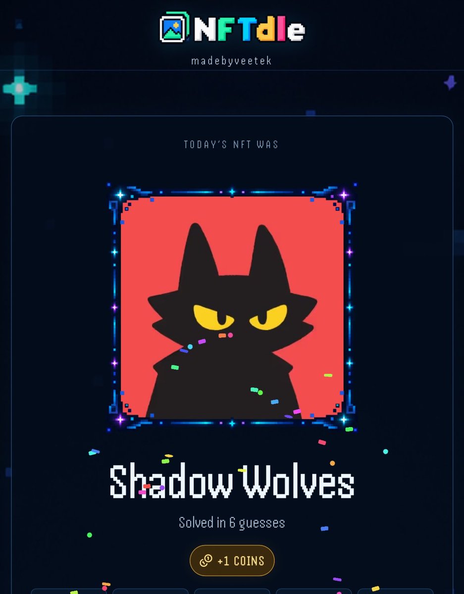 veetek_who's tweet photo. Yesterday’s NFTdle collection was Shadow Wolves. 🧩
Did you get it?
Today’s puzzle is live:
https://t.co/w0X484FAQM
#NFTdle #ShadowWolves @coolcats https://t.co/sjnKB2Qkl7