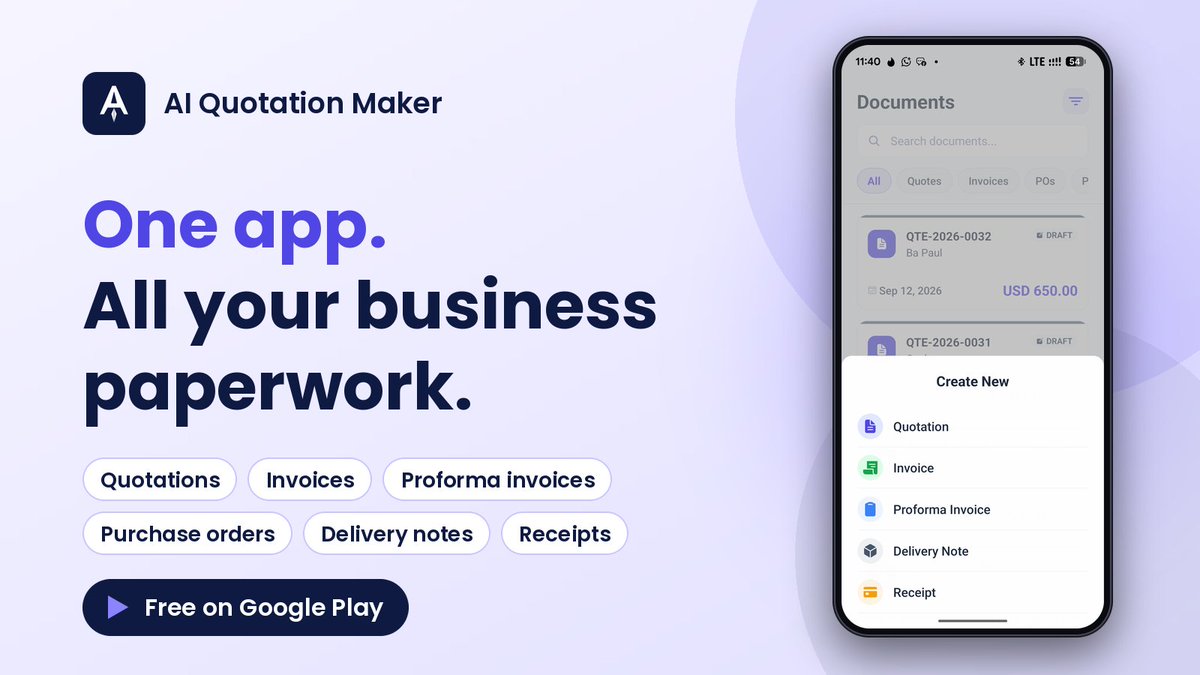 techhubgroup's tweet photo. Not just quotes. From the same app you can create invoices, proforma invoices, purchase orders, delivery notes and receipts, all with your company logo on them. One place for the paperwork. Free to download:
 https://t.co/6TRJp9YBia https://t.co/bAiO8C9qFi