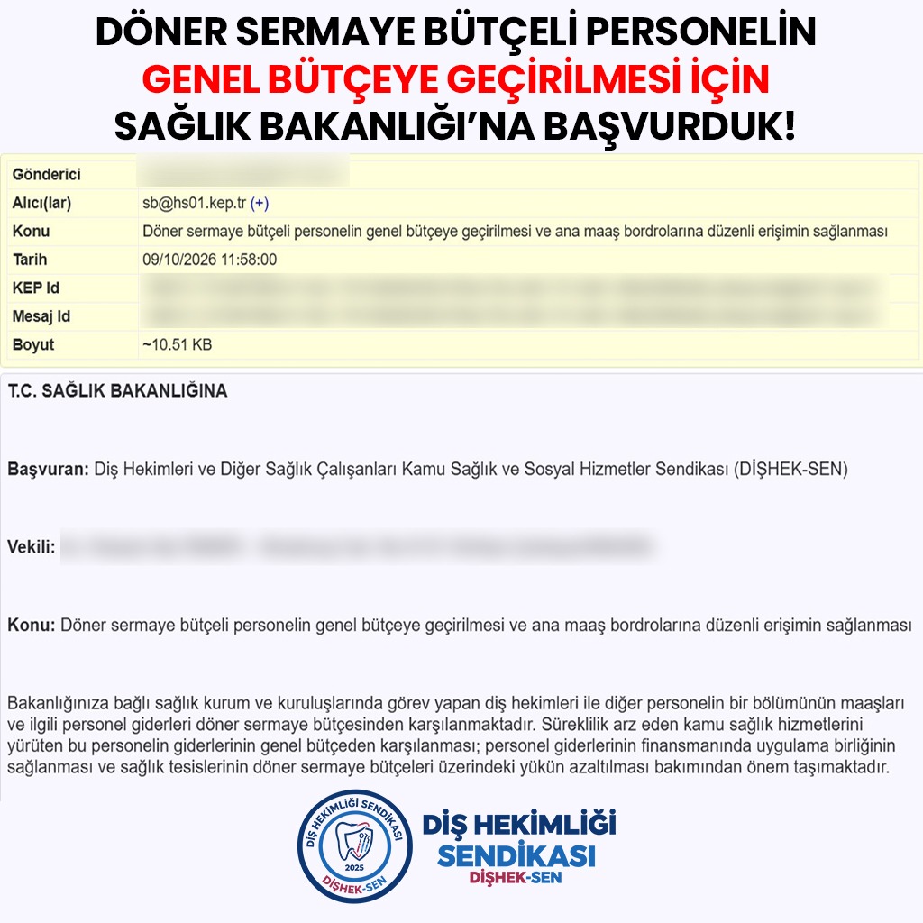 disheksen_org's tweet photo. 📢 DÖNER SERMAYE BÜTÇELİ PERSONELİN GENEL BÜTÇEYE GEÇİRİLMESİ İÇİN SAĞLIK BAKANLIĞINA BAŞVURDUK!

Dişhek-Sen olarak, Sağlık Bakanlığında görev yapan döner sermaye bütçeli diş hekimleri ve diğer personelin genel bütçe kapsamına alınması talebiyle Bakanlığa resmî başvurumuzu yaptık.

🔹 Personel giderleri genel bütçeden karşılanmalıdır!
Sürekli kamu hizmeti yürüten çalışanların mevcut mali ve özlük hakları korunarak genel bütçeye geçirilmesi için gerekli çalışmaların başlatılmasını istedik. Bu düzenleme, sağlık tesislerinin döner sermaye bütçeleri üzerindeki personel gideri yükünü de azaltacaktır.

🔹 Geçiş tamamlanana kadar ana maaş bordrolarına düzenli erişim sağlanmalıdır!
Döner sermaye bütçeli personelin 657 sayılı Kanun kapsamındaki ana maaş bordrolarının her ay EKİP Portal’da eksiksiz şekilde görüntülenebilmesini ve indirilebilmesini talep ettik.

📌 Bordroların kesinleştirme, onay ve sisteme aktarım işlemlerinin zamanında tamamlanması için 81 il sağlık müdürlüğü ve ilgili tüm sağlık kurumlarının yazılı olarak uyarılmasını, geçmiş dönemlere ait eksik bordroların da erişime açılmasını istedik.

Her çalışan, maaşının nasıl hesaplandığını ve hangi kesintilerin yapıldığını düzenli olarak görebilmelidir.

✊ Başvurumuzun ve Bakanlığın atacağı adımların takipçisi olacağız!

✅ DİŞHEKSEN faaliyetlerini incelemek ve üye olmak için

https://t.co/auj4OGURsx

@saglikbakanligi
@drmemisoglu
@sbkhgm
@memindemirkoltr
@sagliklicozum
@tcbestepe
@TBMMresmi
