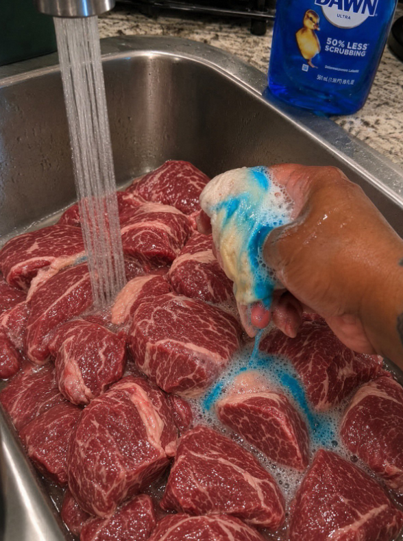 Sousou58473918's tweet photo. 最初肉を水で洗ってるだけかと思ってたんだけど

途中で青い洗剤みたいなの出てきて一気に意味分からなくなった、、、

これ何してるの？
お肉にこんなことするんだね、、、 https://t.co/7POSK0tfti