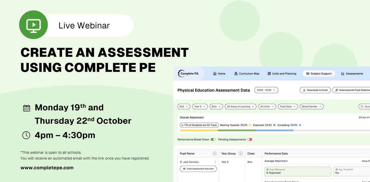 Complete_PE's tweet photo. 📊 Create an assessment using Complete PE!

Join us for one of two online sessions and learn how to create an assessment using Complete PE.

📅 Monday 19th or Thursday 22nd October
⏰ 4pm - 4:30pm

Choose your preferred date and register now! ➡️ https://t.co/rpijJp7aCW https://t.co/d8GaIvfS4i
