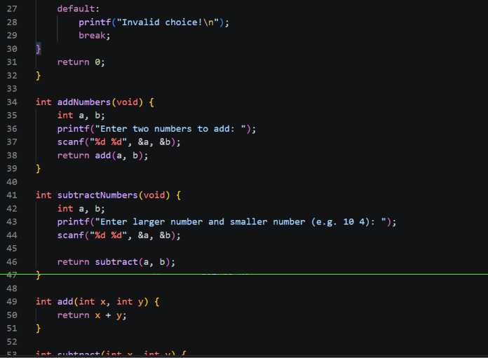 lanoverflow's tweet photo. First, I separated addition and subtraction into reusable functions. Then, I added a menu using switch so users could choose the operation.

Learning to write more organized C code, one project at a time. 💻
And this is all in line to finishing my initial project...
#CProgramming https://t.co/UCAWKUBoRP