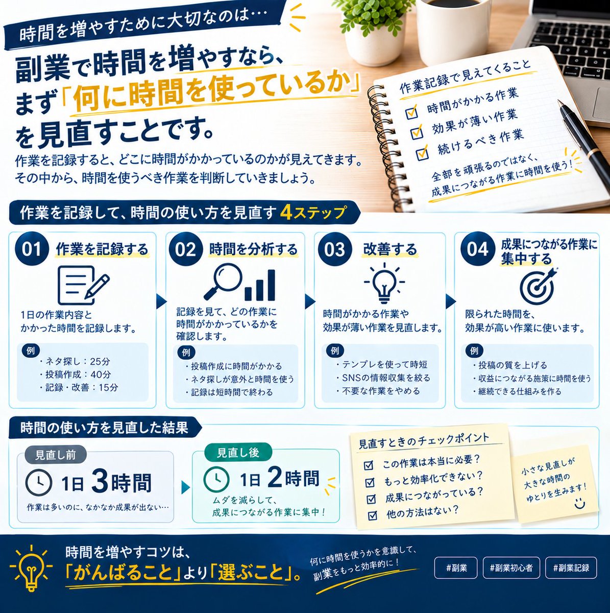sideincome_sys's tweet photo. 副業で時間を増やすなら、まず「何に時間を使っているか」を見直す。

作業を記録すると、

✔ 時間がかかる作業
✔ 効果が薄い作業
✔ 続けるべき作業
が見えてきます。
全部を頑張るのではなく、成果につながる作業に時間を使う。

今日も記録→改善を続けます。

#副業 #副業初心者 #副業記録 https://t.co/OxiDUB48UP