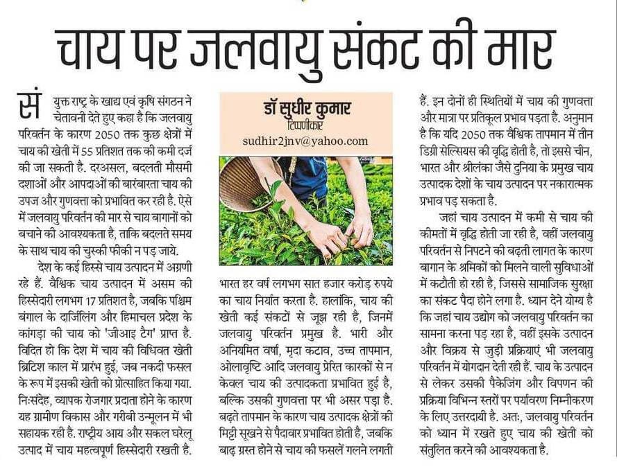 Fijeeha's tweet photo. जलवायु परिवर्तन से चाय की खेती पर संकट! FAO के मुताबिक, 2050 तक कुछ इलाकों में चाय उत्पादन में 55% तक की कमी आ सकती है। 

भारत के सालाना करीब ₹7,000 करोड़ के चाय निर्यात को देखते हुए जलवायु-अनुकूल खेती और टिकाऊ कृषि पद्धतियां अपनाना जरूरी है।

#ClimateChange 
@FAO @FAOclimate https://t.co/QP4OiTLXJu