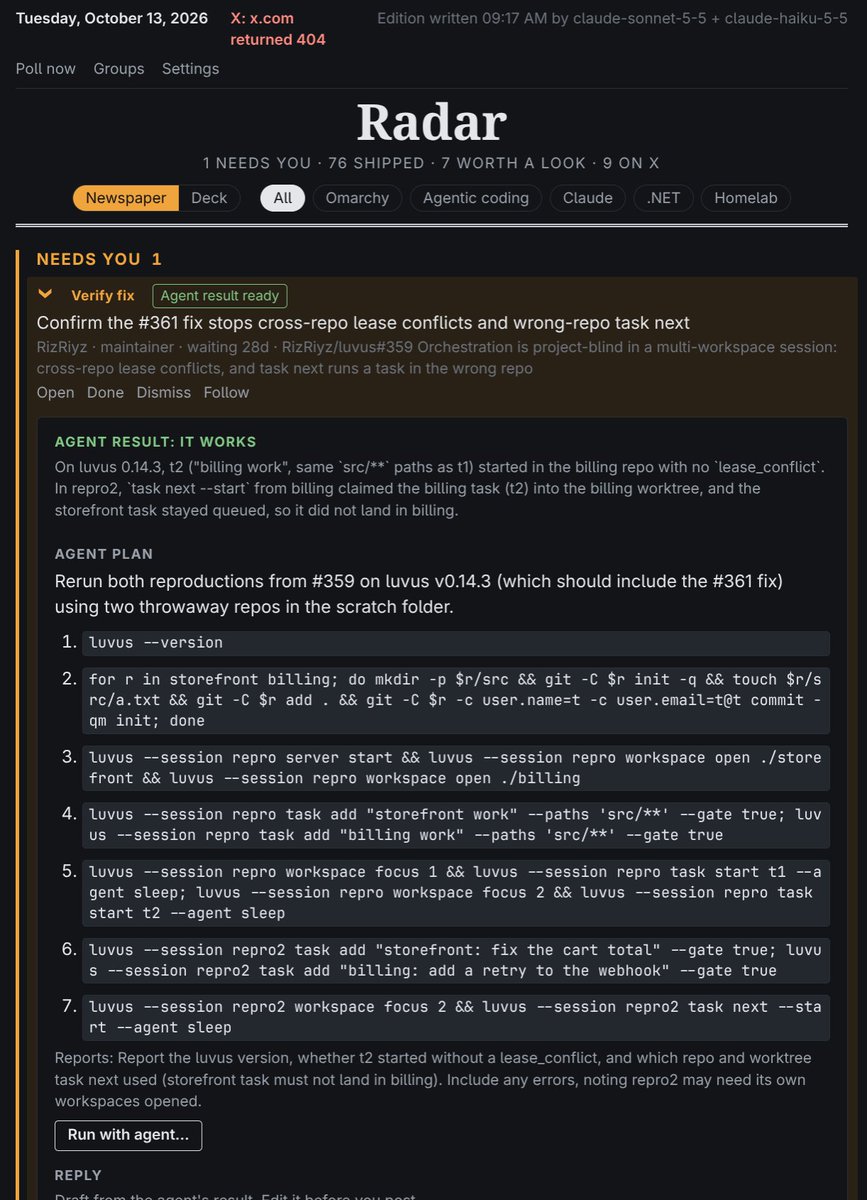 johnjkattenhorn's tweet photo. I promise I'll do a proper post I was just too excited to wait ... this is my newpage radar tab to help me be a better contributor and consumer of all things that interest me, still tweaking but you can see me running tests for @luvusdev here from my browser and reading news and keeping tabs on github repos I follow.... all from @omarchy #omarchy - I'm not even going to the gym right now ... every waking moment building and learning ... so much to do!
