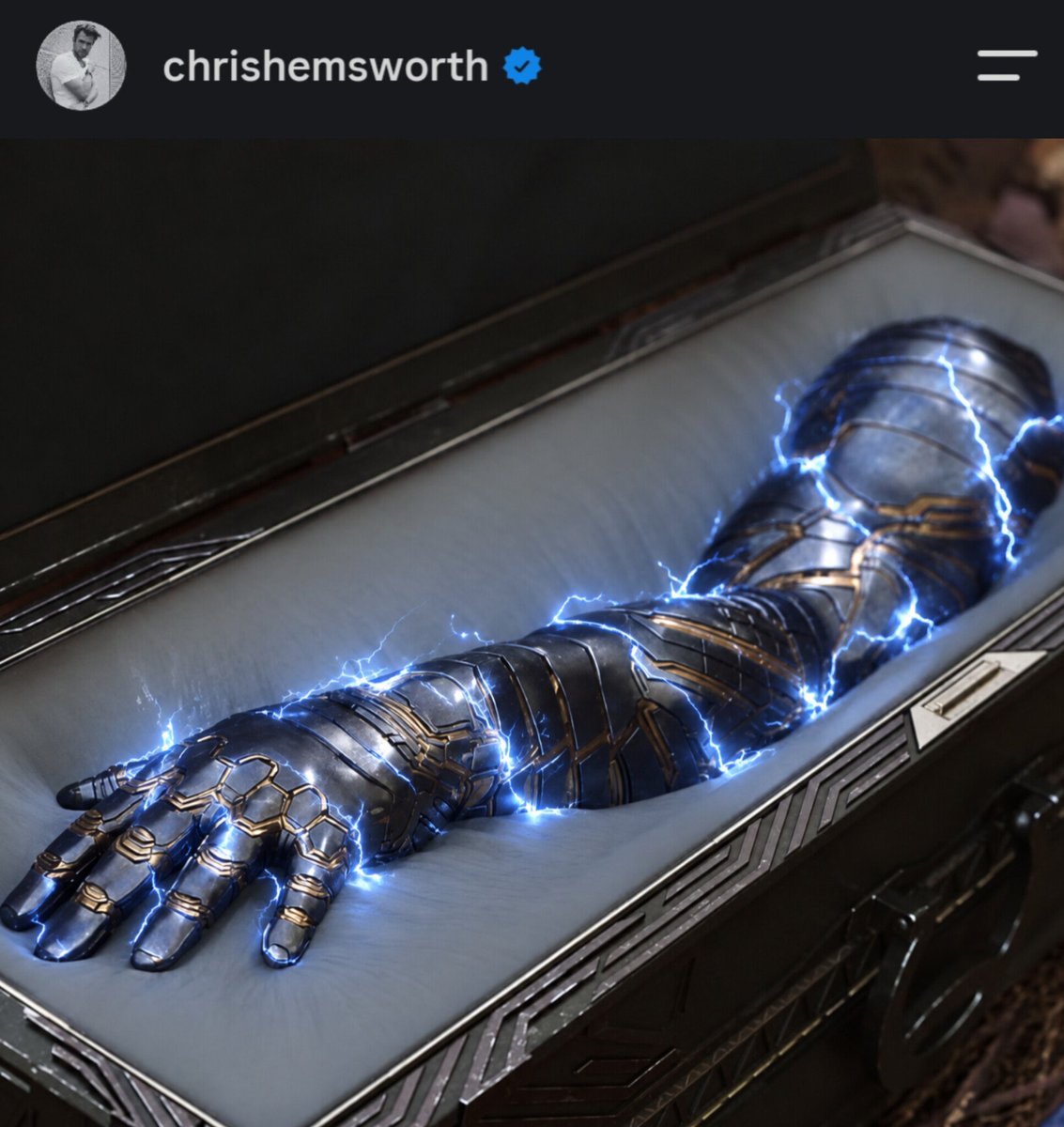 DisgustinggFilm's tweet photo. Chris Hemsworth hints that Thor might lose his hand in Avengers Doomsday after posting a picture of a lightning-powered Vibranium hand. https://t.co/NGryUSyr0G