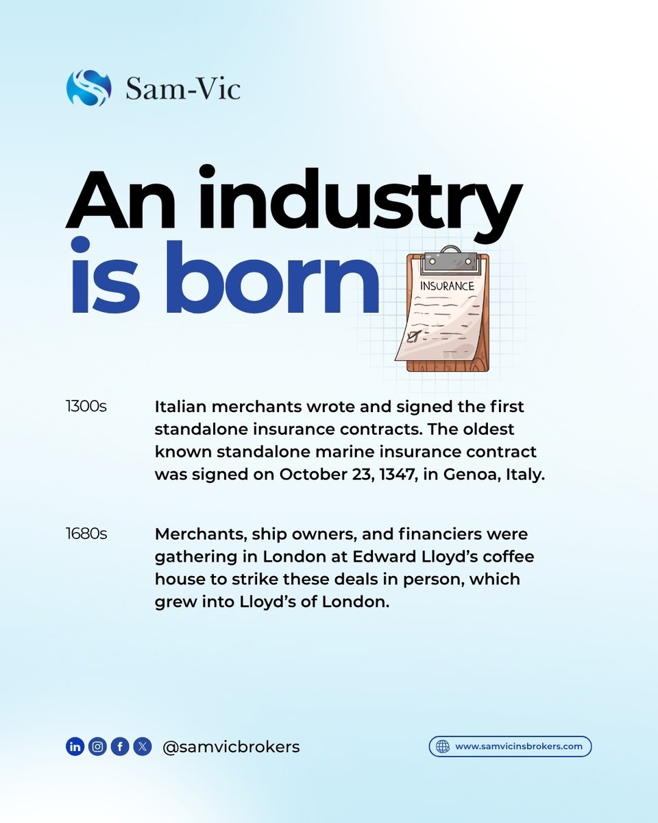 SamVicBrokers's tweet photo. Ever wondered how insurance became a thing? 

The answer goes back centuries, and it starts with a single word. 

Swipe through to find out. 👉

Follow @samvicbrokers for more on insurance, explained simply.

#SamVic #AlwaysCovered #RiskManagement #DidYouKnow https://t.co/3yLNfNsZ60
