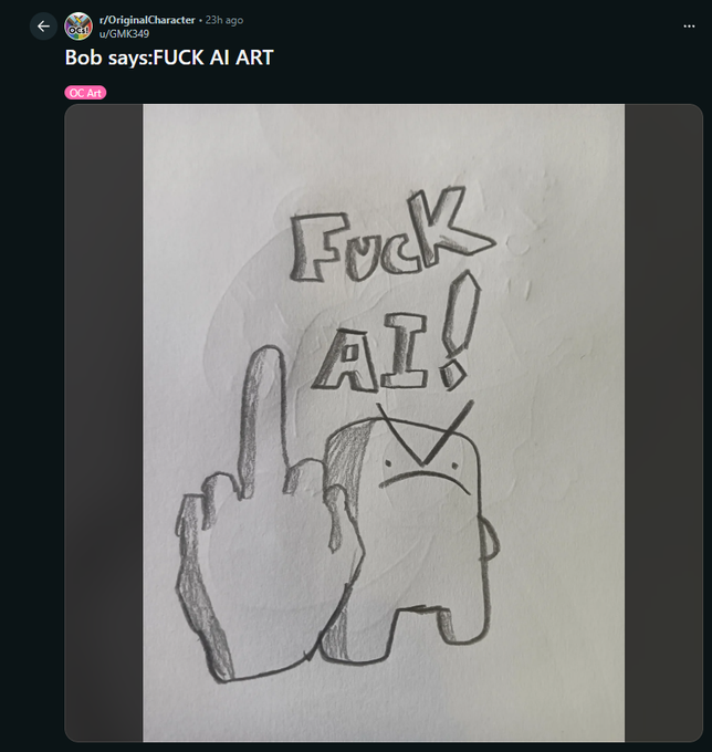 MemetSinoplu's tweet photo. REDDIT JUST CREATED AN ANTI-AI MASCOT? 💀

MEET BOB.

A Reddit-born mascot representing the ANTI-AI MOVEMENT.

WE'VE BEEN SENDING ANTI-AI MEMES NONSTOP, BUT THIS ONE HAS AN ACTUAL COMMUNITY NARRATIVE.

 https://t.co/rhxghgmTvB https://t.co/b8LPZ5rihc