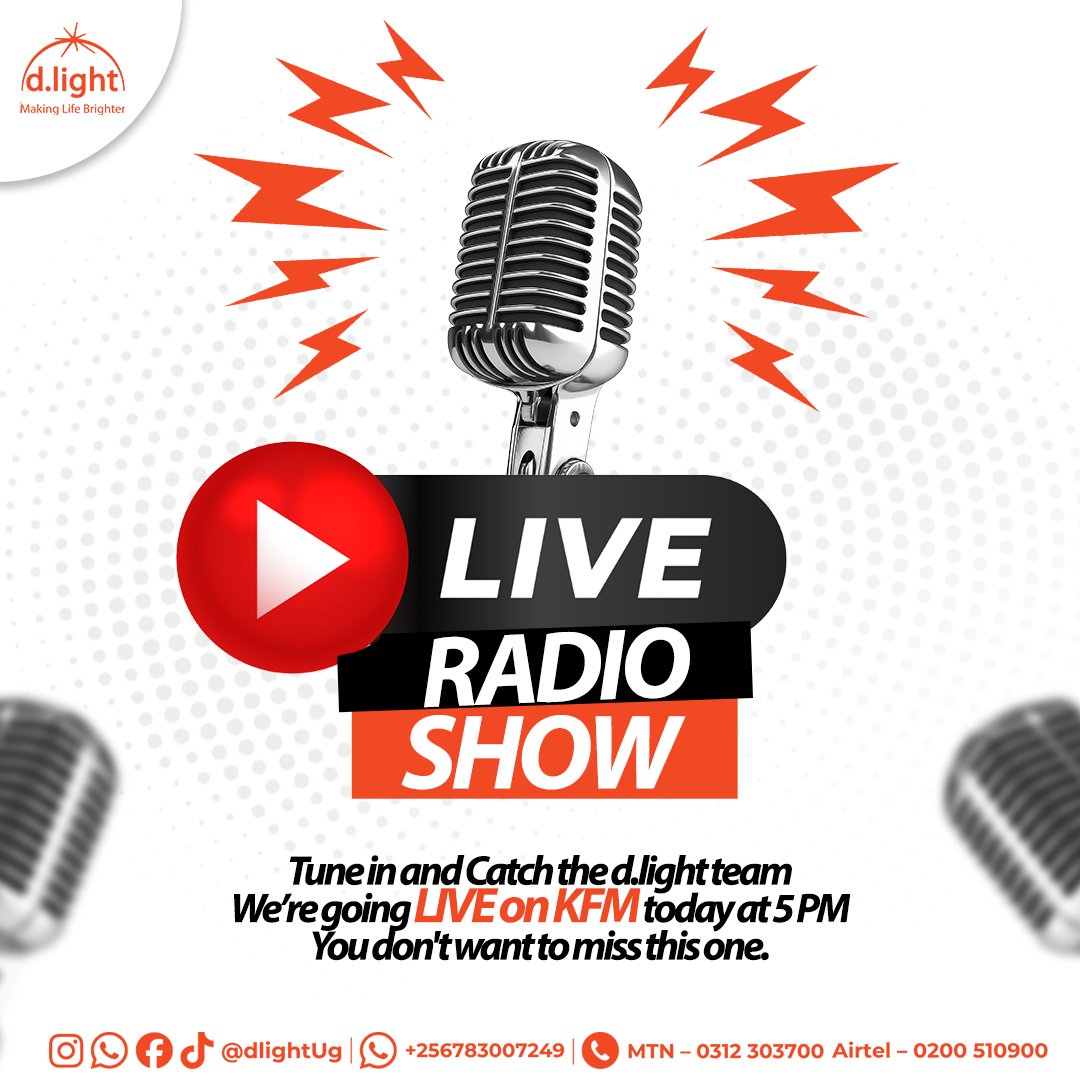 dlight_ug's tweet photo. We’re going LIVE on #KFM today at 5 PM.
Tune in and catch the d.light team. You don’t want to miss this one.
#MakingLifeBrighter @dlightUg https://t.co/XWOHbXccWT