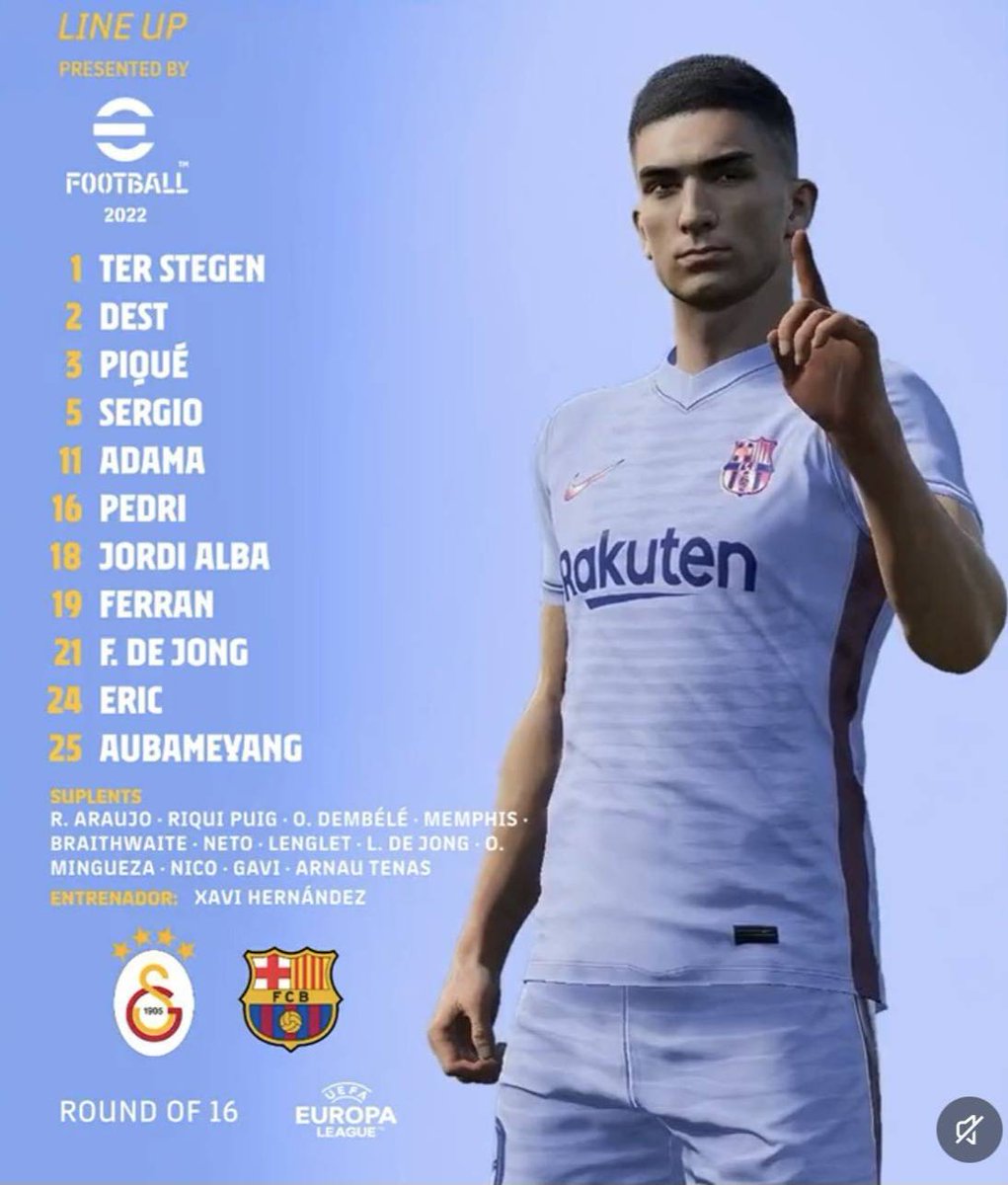 BarcaTimes's tweet photo. Barcelona's line-up when they faced Galatasaray away in March 2022:

Ter Stegen
Dest - Pique - Eric - Alba
Pedri - Busquets -Frenkie 
Ferran - Aubameyang - Adama Traore https://t.co/MwNE8BkiBK