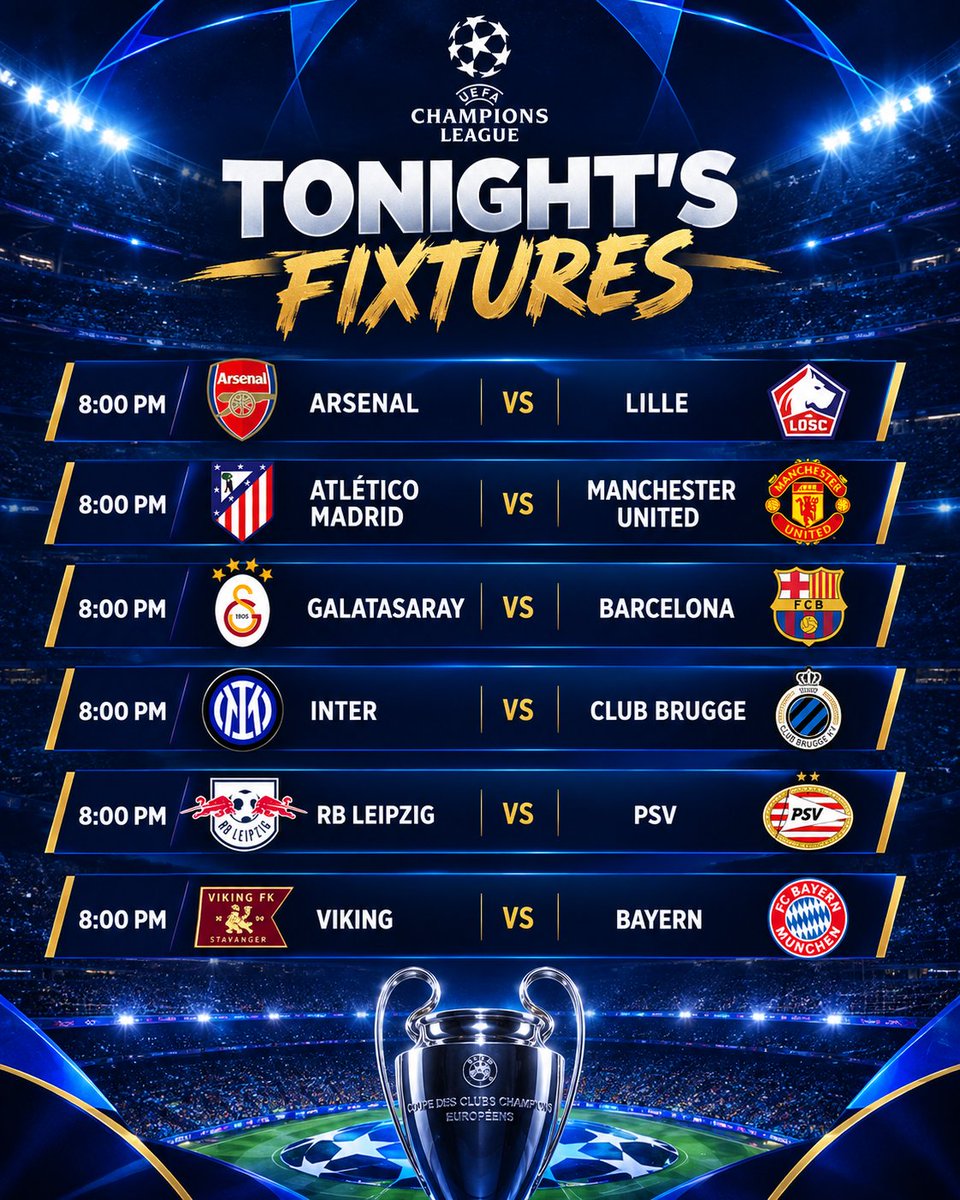 StevenPio_'s tweet photo. Hello 👋🏻 it’s Champions League ⚽⚽⚽
Drop your correct score predictions 

3/6 5k for 4 winners 
5/6 15k for 2 winners
6/6 20k for 1 winner

ARSENAL vs LILLE
ATLETICO vs MANCHESTER UNITED 
GALATASARAY vs BARCELONA 
INTER vs CLUB BRUGGE 
RB LIEBZIG vs PSV
VIKING vs BAYERN MUNICH 

Rules: 
•Like,Repost and must be following me
•Tag2Friends
•One entry per person (if you drop multiple predictions, you will be disqualified)