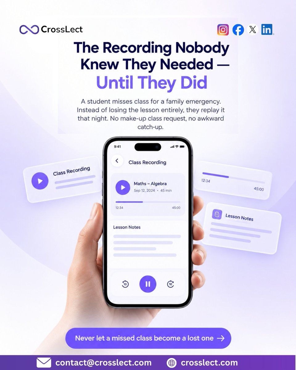 CrossLect's tweet photo. Missed a class? Learning doesn’t have to stop. 

With class recordings, students can revisit lessons and catch up anytime.

CrossLect: Never let a missed class become a lost one. 

 https://t.co/BSRKGGYl1e

#CrossLect #EdTech #LMS https://t.co/jxrUI3Eaw5