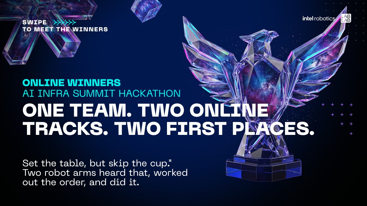 lablabai's tweet photo. Set the table, but skip the cup.

Two robot arms heard that, worked out what order to do it in, and did it. That project just won the Intel Physical AI Challenge at the AI Infra Summit Hackathon ↓

https://t.co/6IT2gNwwZz. https://t.co/HG7XgqCdfo