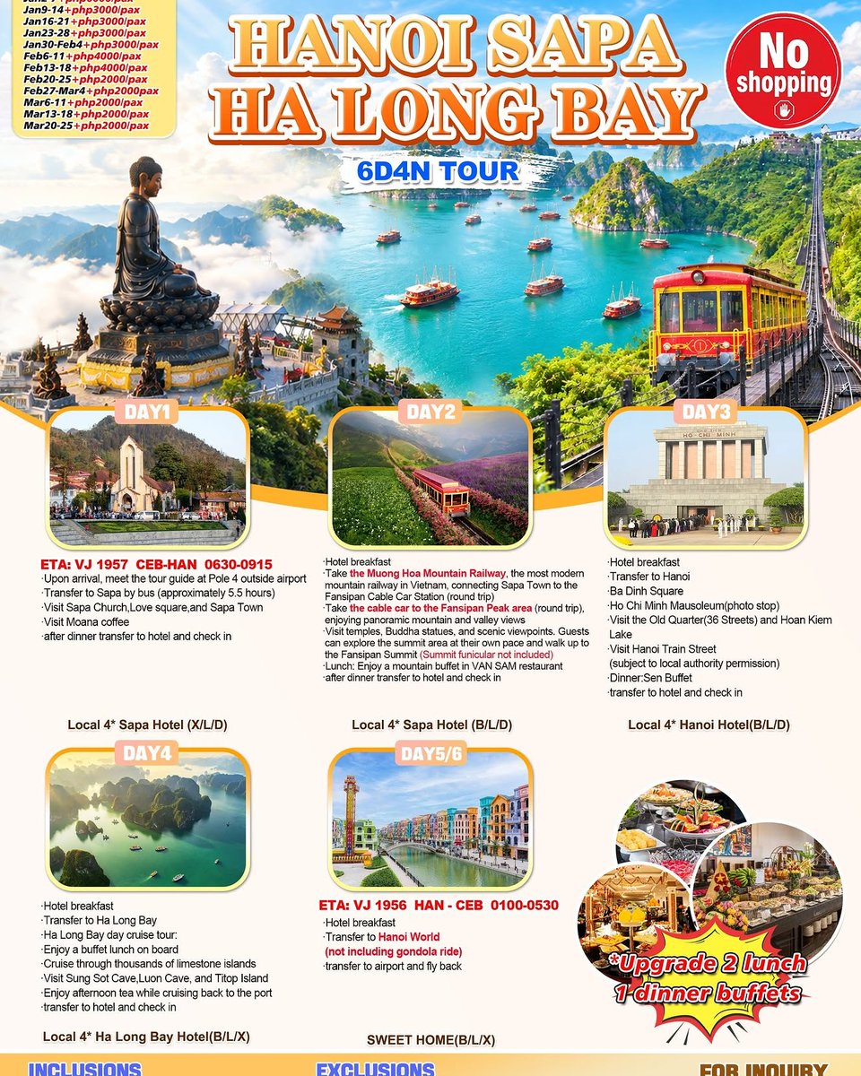 danielaflorez28's tweet photo. Hanoi-Sapa-Ha Long Bay 6D4N from Cebu. Promo rate: ₱38, 888/pax. Reserve with ₱19, 444 deposit. Enjoy Fansipan, Hanoi landmarks, Ha Long Bay cruise, and a no-shopping tour. Travel dates from Nov. 2026 to Mar. 2027. https://t.co/pPGPYVuCHA
