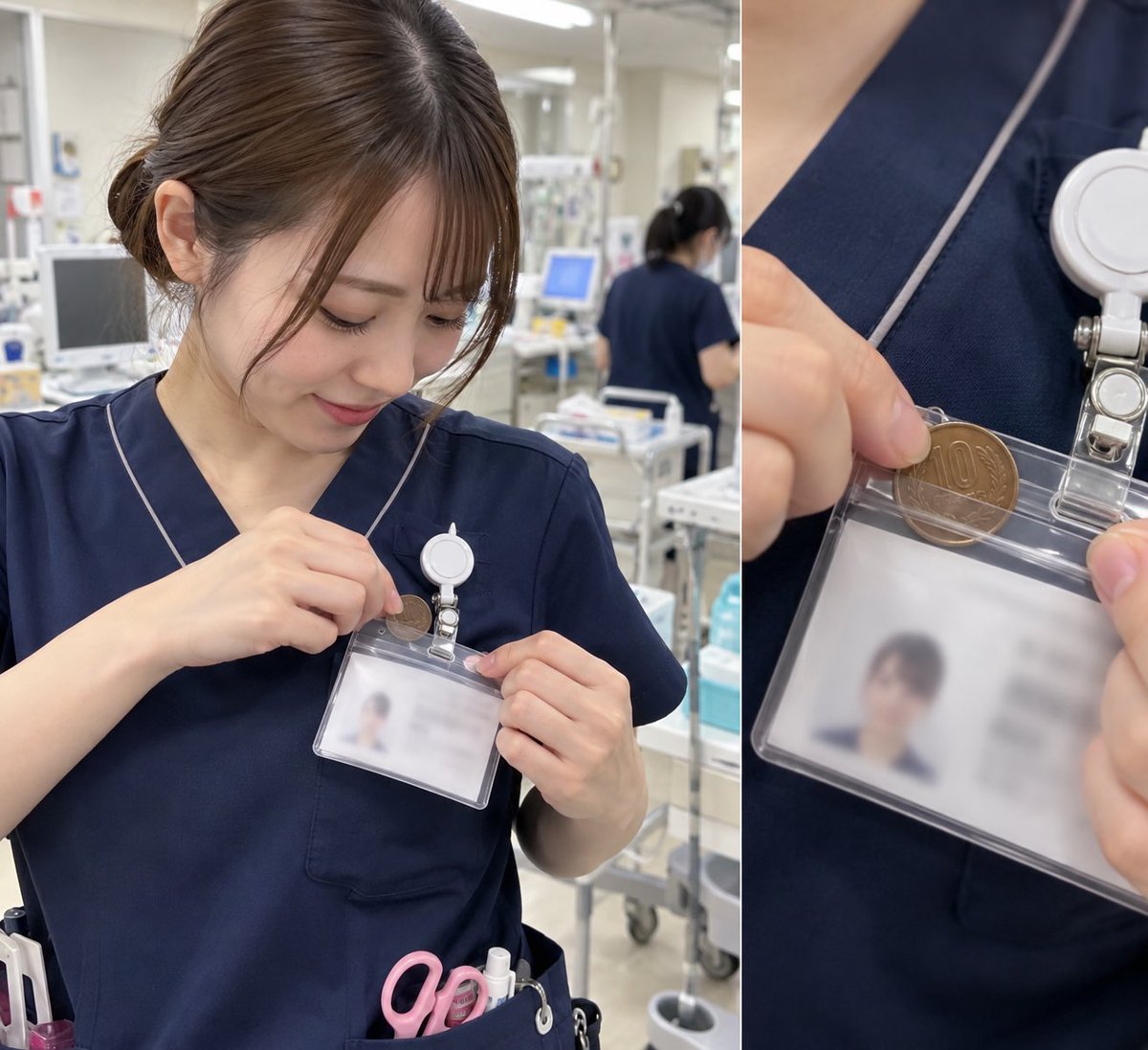 uhouhonurse's tweet photo. 看護師なら

あの時のシチュエーションのために

小銭を名札の裏に入れてますよね？ https://t.co/GoCKH2QCIe