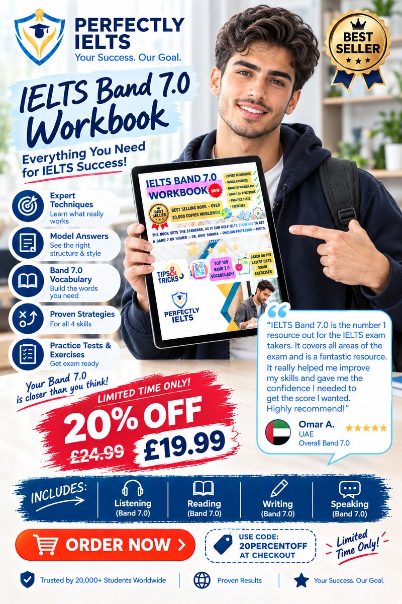 perfectly_ielts's tweet photo. Targeting Band 7+ on your IELTS exam? 🎯 Get complete strategies, model answers, and vocabulary for all 4 modules. Use code 20PERCENTOFF to get 20% off today! 🔥 (Link in bio) 

#IELTS #IELTSPrep #IELTSExam #StudyTok #LearnEnglish https://t.co/6dZ6Dw8FyE