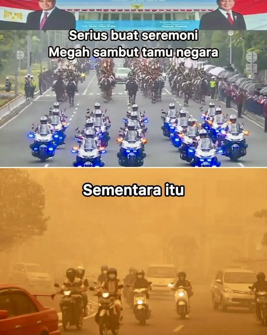 ejaaipongg's tweet photo. LU CAPEK KAN LIAT KARHUTLA MULU YANG DIBAHAS?? 

Lu aja capek, gimana yang ngerasain langsung disana. bayangin sampai saat ini ada 200 ribu yang terkena ISPA, dan lebih dari 40 ribu nya adalahhh BAYIIIIIII. bahkan ada beberapa jg yang meninggal dunia. 

Nasib jadi WNI  
Batam, Tanjungpinang, Bintan Blackout Total 
Bali langka BBM 
Sumbar Banjir
Hampir semua Kalimantan, Papua, Palembang, Jambi, Riau hutannya dibakar dan dikepung asap. 

Negara begitu megah menyambut tamu, tetapi rakyat masih berjuang menghadapi bencana. Kemajuan bukan soal megahnya seremoni, melainkan hadirnya negara saat rakyat membutuhkan.