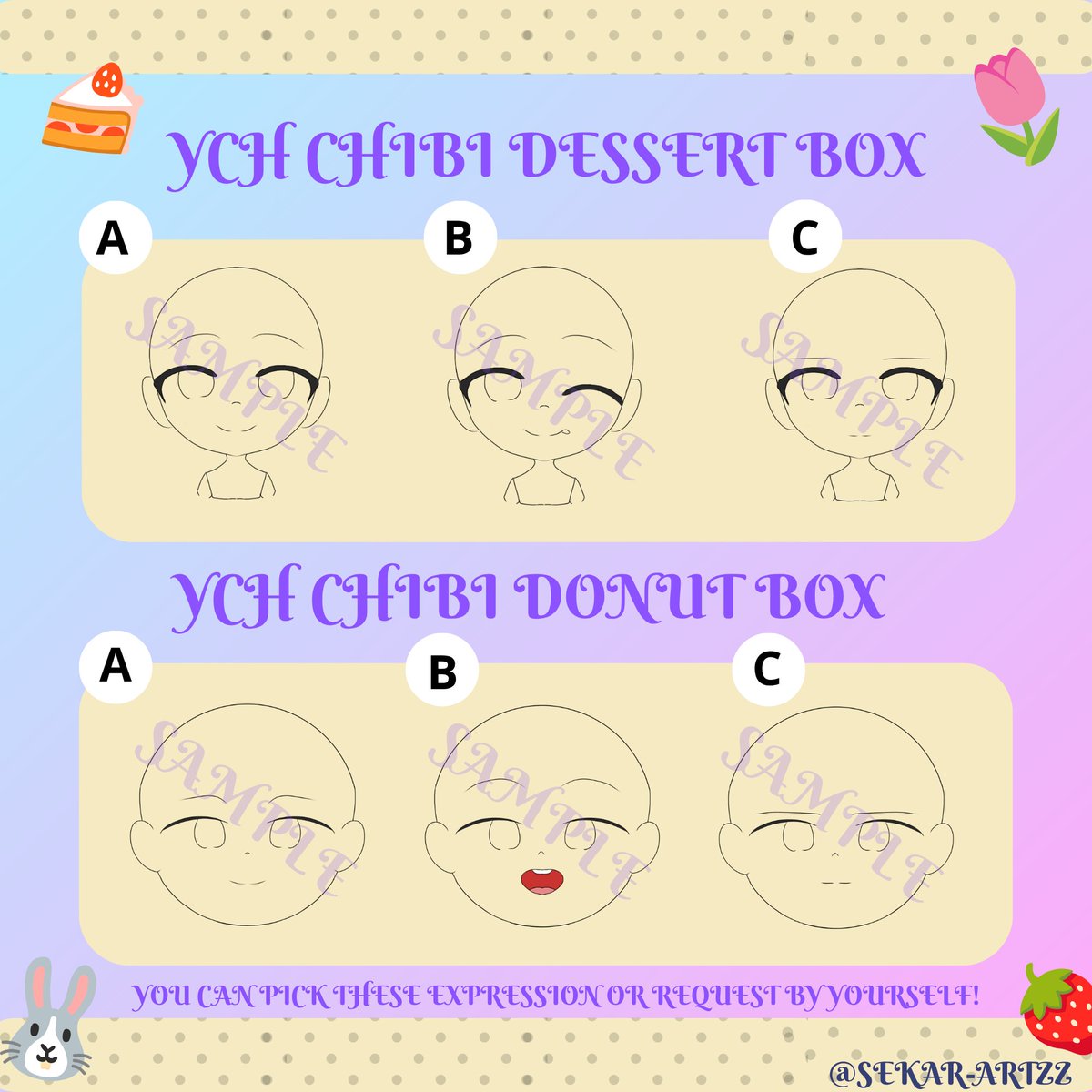 sekar_artzz's tweet photo. ~[URGENT COMMISSION!]

🐇YCH Chibi Package 🍰

Halo aku disini buka komis untuk kebutuhanku selama kuliah. Bagi yang minat atau ingin bertanya dulu boleh tag aku di komen atau langsung dm. Terima kasih 🐇💙

#Opencommission #Commissionopen #Artidn https://t.co/pfRfHVKCYS