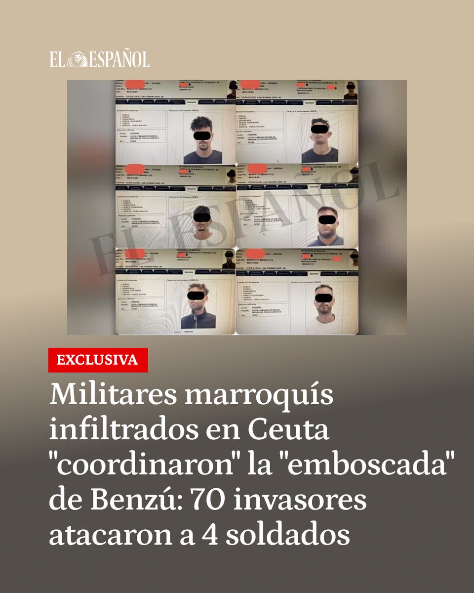 elespanolcom's tweet photo. 🔴 #EXCLUSIVA | Militares marroquís infiltrados en Ceuta "coordinaron" la "emboscada" de Benzú: 70 invasores atacaron a 4 soldados

Fuentes de la Policía y de las Fuerzas Armadas confirman a EL ESPAÑOL la presencia de estos efectivos planeando los ataques contra los soldados

✍️ Por @BraisCedeira 
📲 Sigue leyendo: https://t.co/Yvw7FYwgET