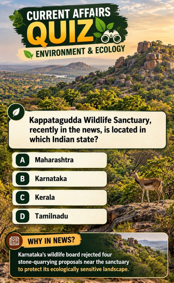 cematerial's tweet photo. Current Affairs Quiz🔔:

Kappatagudda Wildlife Sanctuary, recently in the news, is located in which Indian state?

#currentaffairsquiz #currentaffairs #UPSC #SSC  #RRB #BPSC  #competitiveexams https://t.co/IYK39SrrEu
