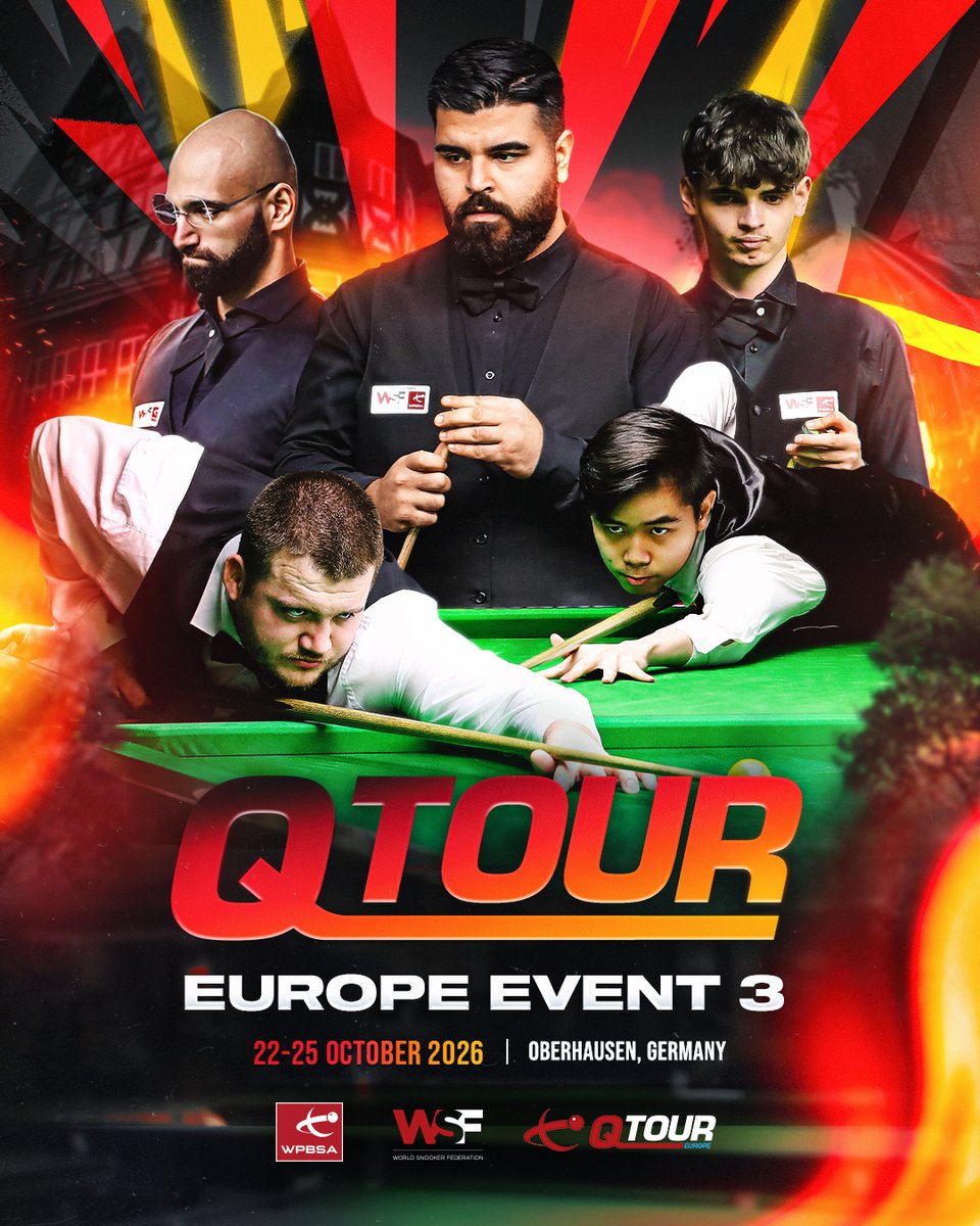 WPBSAofficial's tweet photo. BIGGEST EVER Q TOUR IN MAINLAND EUROPE 🇩🇪

153 players from 35 countries will compete in the third #QTour Europe event at Snooker Arena Germany in Oberhausen later this month - a record for mainland Europe!

The draw and schedule is now available 👉 https://t.co/zdJcwW1D5k https://t.co/UI8fxOKcuD