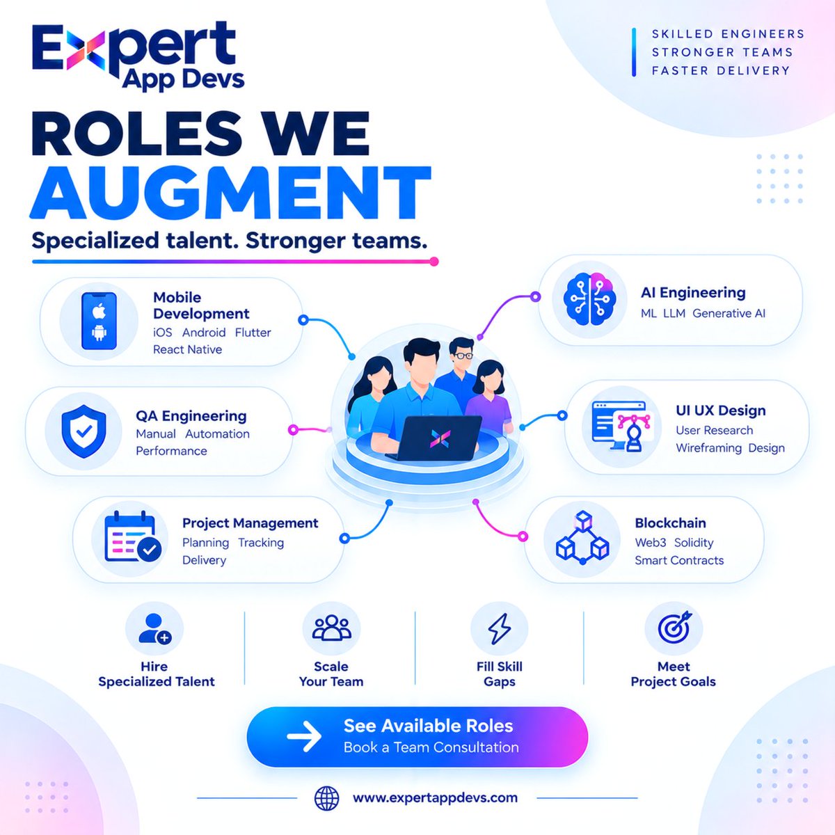 ExpertAppDevs's tweet photo. Need specialist skills for your next project?

#ExpertAppDevs supports teams with mobile development, #AIengineering, QA, UI/UX design, project management &amp; blockchain expertise.

Fill skill gaps and support your existing team.

Which role would you add first?

#StaffAugmentation https://t.co/vxzeJtvXGn