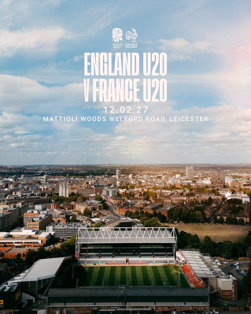 EnglandRugby's tweet photo. U20 Six Nations stadium announcement 📣
England U20 Men will play their three 2027 home games in Leicester, York and Bath:
📍Round two, 12 February, France, Mattioli Woods Welford Road, Leicester
📍Round three, 19 February, Italy, LNER York Community Stadium
📍Round five, 12 March, Scotland, The Rec, Bath

Buy tickets to their game against Italy here 👉 https://t.co/i5Vsr8CNyg