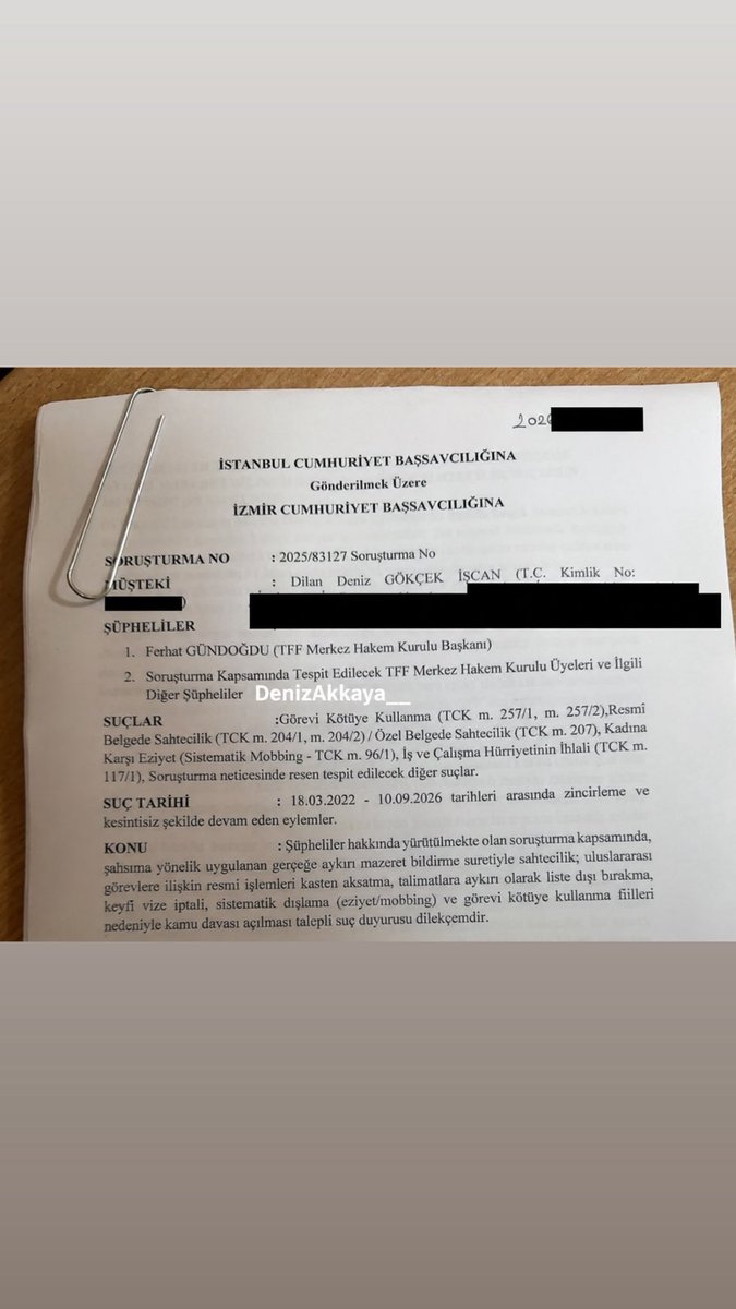 DenizAkkaya__'s tweet photo. TFF'DE YENİ SKANDAL!
UEFA’YA SAHTE YAZI GÖNDERMİŞLER!

UEFA Hakem Gözlemcisi Dilan Deniz Gökçek İşcan, eski MHK Başkanı Ferhat Gündoğdu, eski Hakem İşleri Müdürü Tayfur Özkan ve Hakem Abdullah Bora Özkara hakkında suç duyurusunda bulundu. https://t.co/M86dBRqtTu