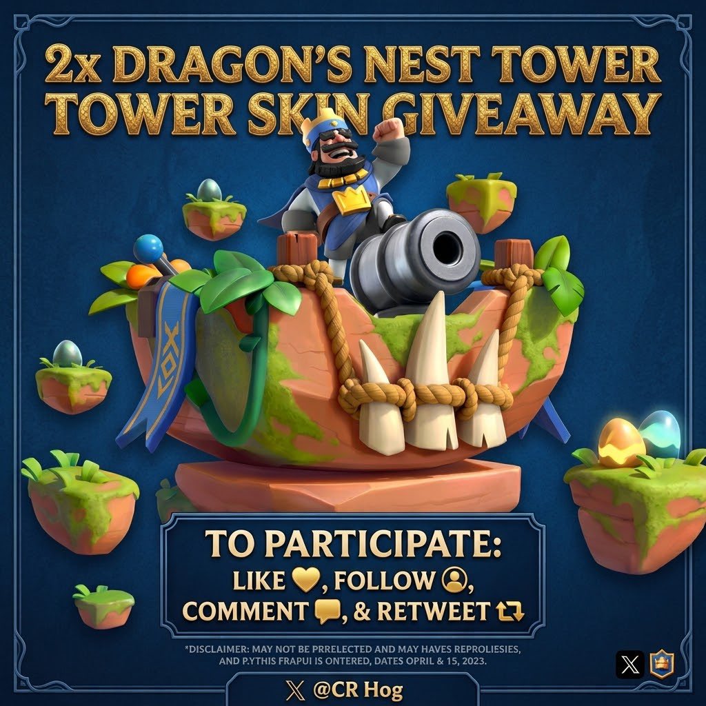 CR_Hog1's tweet photo. 🔥 GIVEAWAY TIME! 🔥
I’m giving away 2x Dragon’s Nest Tower Skins! 🐉⚔️  
Want to claim? Here is how to enter:
1️⃣ Like this post ❤️
2️⃣ Follow me 🔔
3️⃣ Repost (Retweet) 🔁
4️⃣ Comment down below 💬
Good luck, Clashers! 👑✨
#ClashRoyale https://t.co/XXvawAJEql