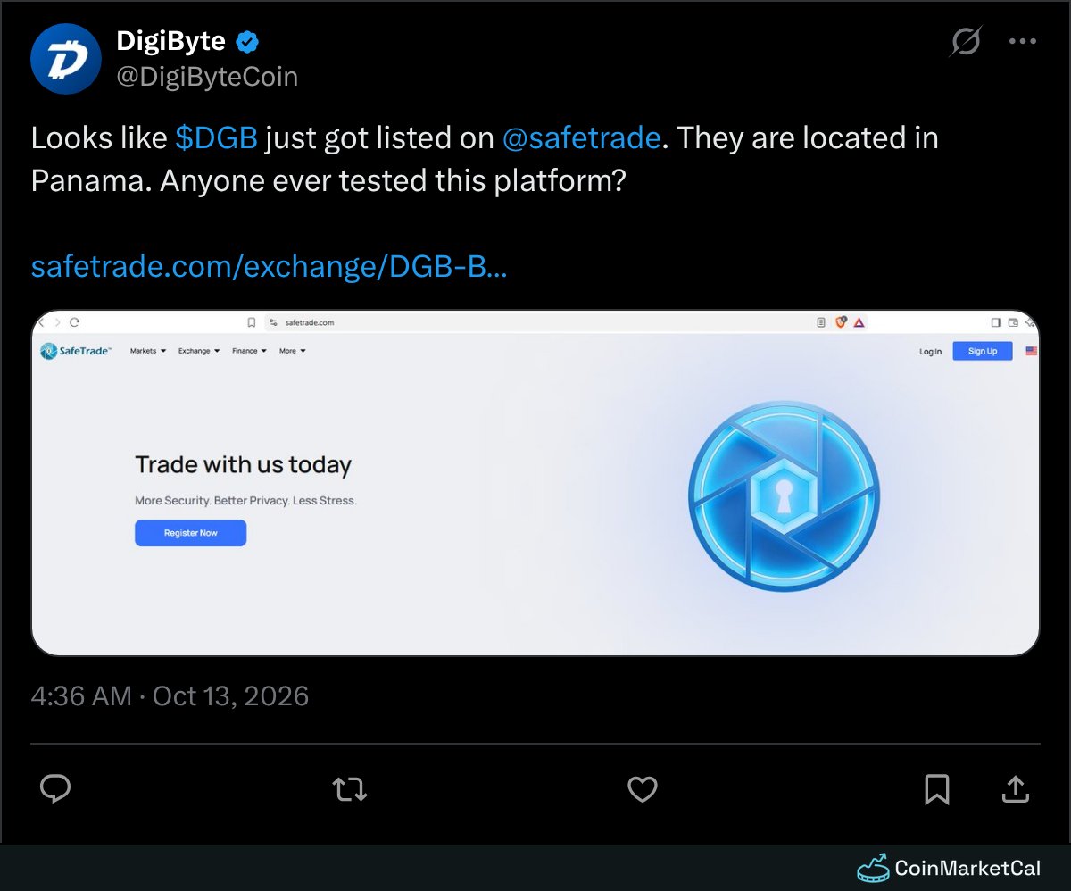 cmcal_bot's tweet photo. New event added

SafeTrade spot listing

DigiByte · $DGB
13 Oct 2026
Impact 3/10

https://t.co/UuqMH0O3bE https://t.co/OwUjrFgdkA