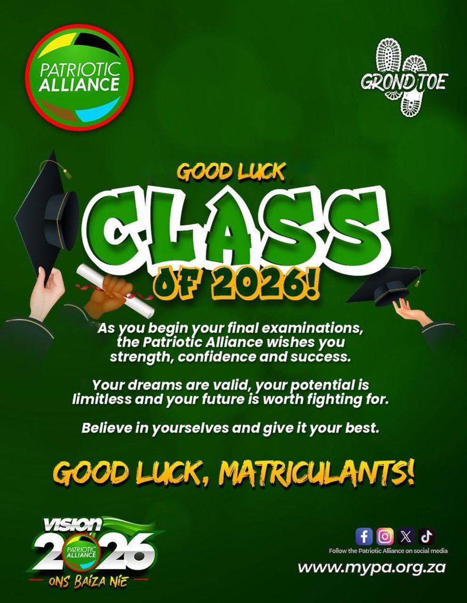 OnsBaizaNie's tweet photo. 💚📚 To the Class of 2026, as you begin your final exams, the PA wishes you strength, confidence and success. Stay focused, believe in yourselves and give it your best. Your future is worth fighting for!

#OnsBaizaNie #Vision2026 #MaakToe https://t.co/hpZmSqPHZj