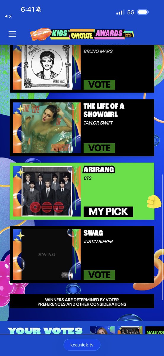 miniminisoull's tweet photo. Recuerden votar por #BTS que han sido nominados a los Kids Choice Awards 2026.
@BTS_twt 

Las categorías:
- Favorite Music Group/Duo: BTS.
- Favorite Album: ARIRANG.
- Favorite Song: SWIM.

Link:
(https://t.co/SO8S90ELX2)

Hay que votar en TODAS las categorías. https://t.co/g5DdjmTnn8